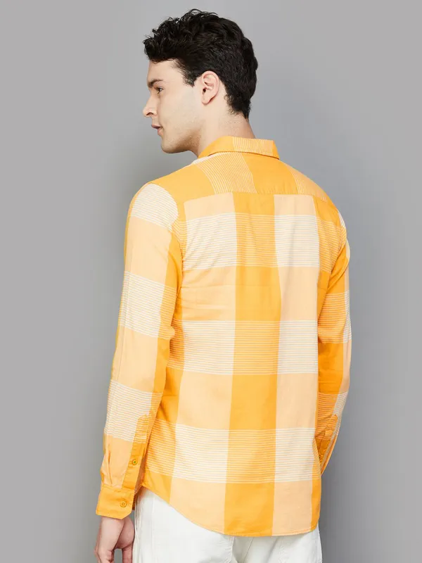 UCB mustard yellow cotton men shirt with checks