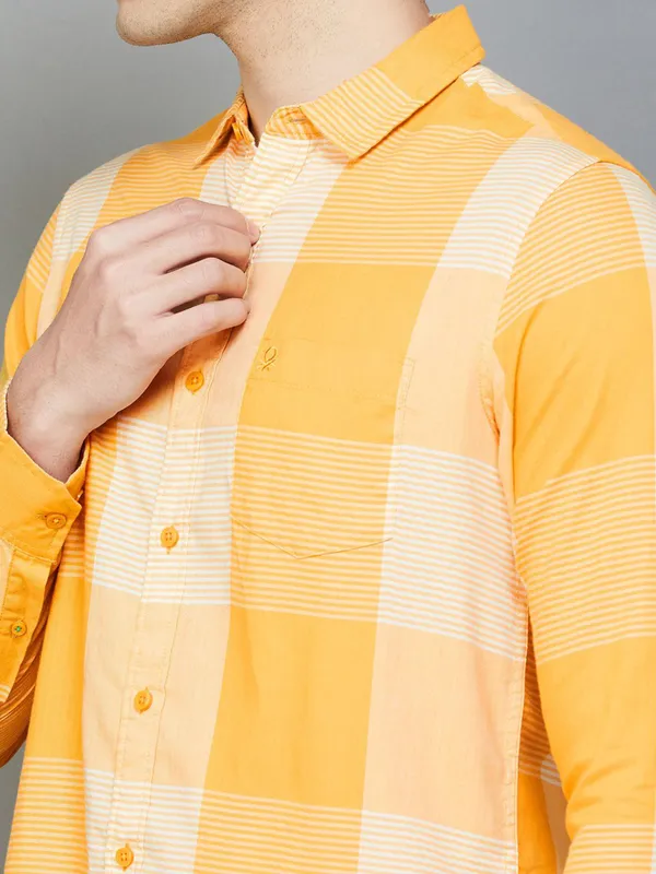 UCB mustard yellow cotton men shirt with checks