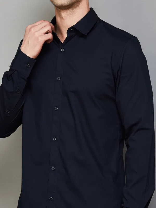 UCB navy blue plain slim fit shirt