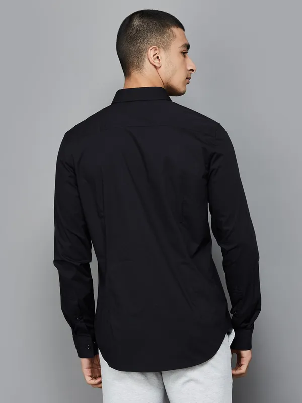 UCB plain black cotton slim fit shirt with cutaway collar