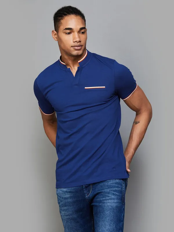 UCB plain blue cotton slim fit henley t-shirt