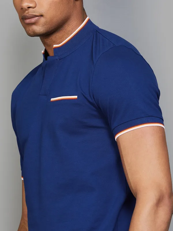 UCB plain blue cotton slim fit henley t-shirt