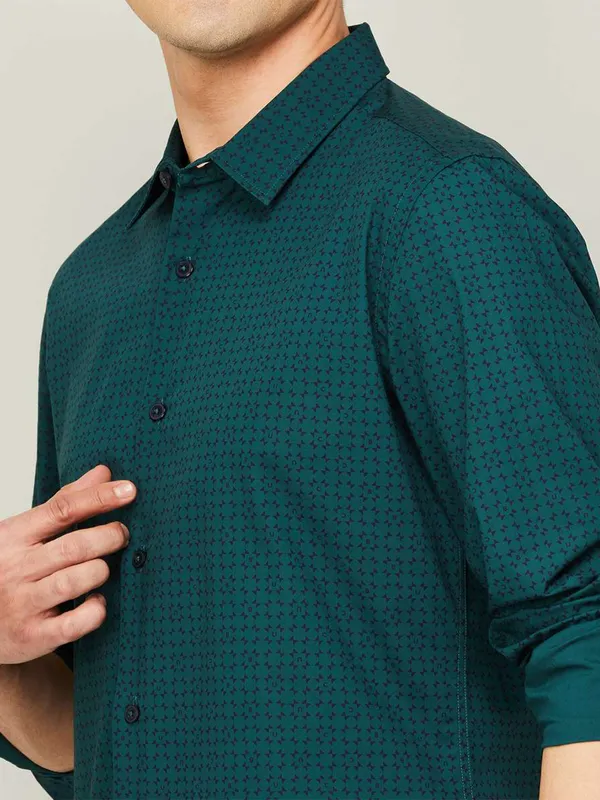 UCB rama blue cotton casual printed shirt