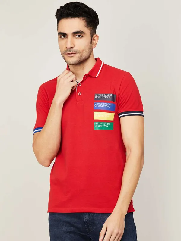 UCB red cotton slim fit t shirt for men