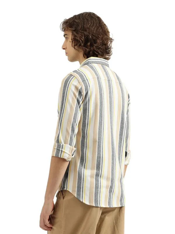 UCB slim fit grey and beige stripped cotton men shirt