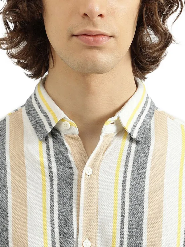 UCB slim fit grey and beige stripped cotton men shirt