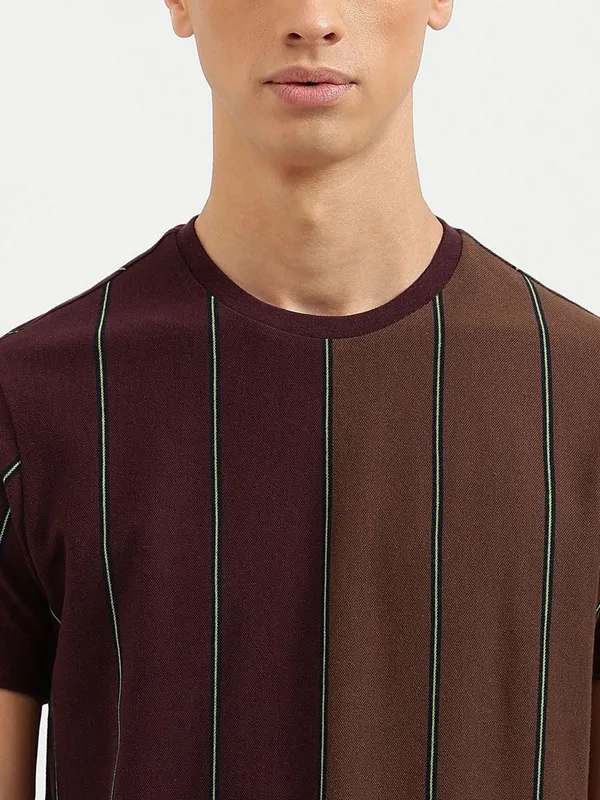 UCB stripe pattern brown cotton slim fit t-shirt