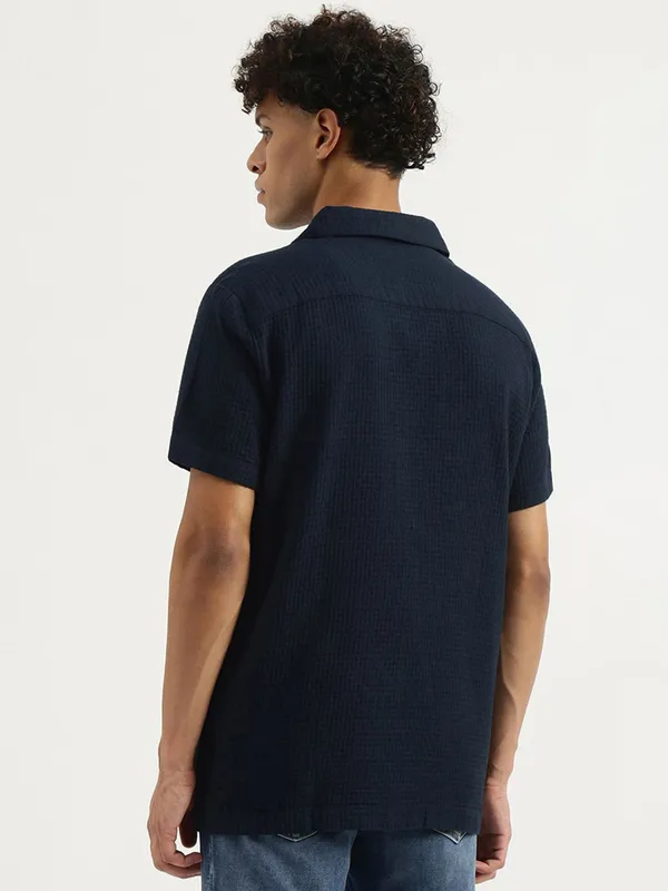 UCB textured navy casual shirt in notch lapel collar