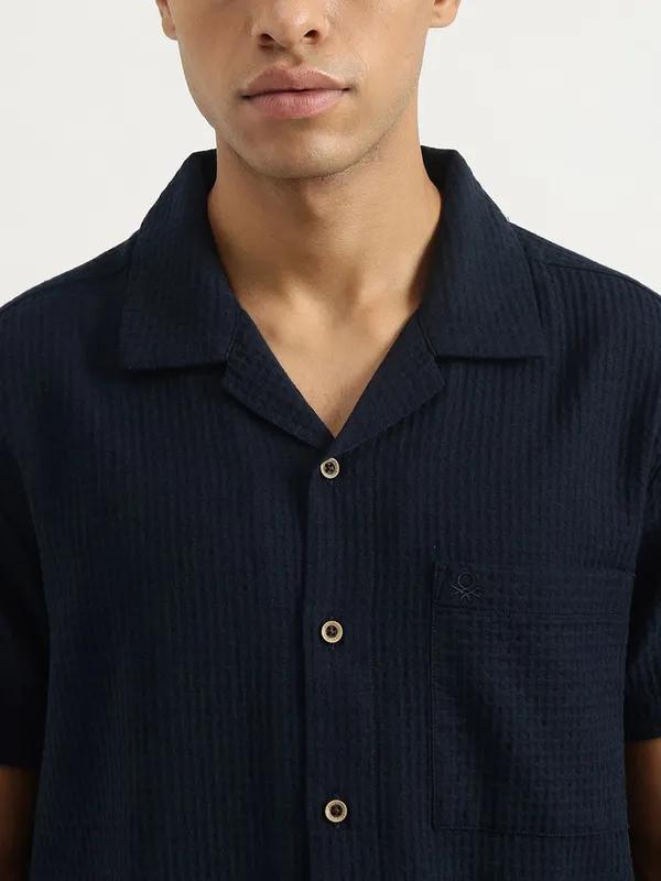 UCB textured navy casual shirt in notch lapel collar