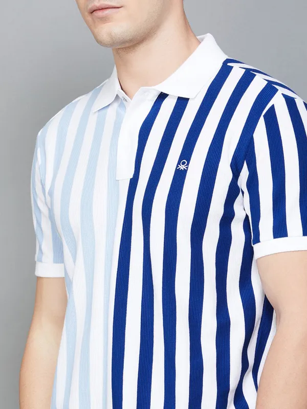 UCB white and blue stripe polo t-shirt