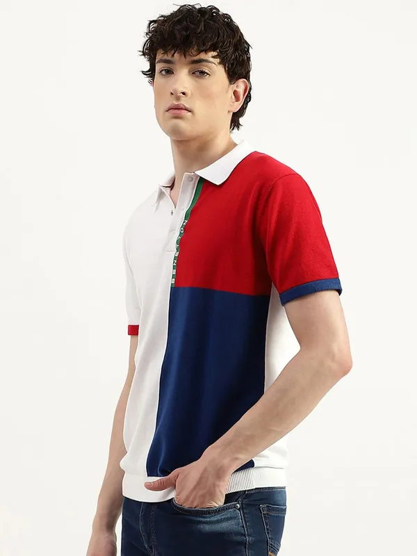 UCB white colorblock cotton slim fit men t-shirt