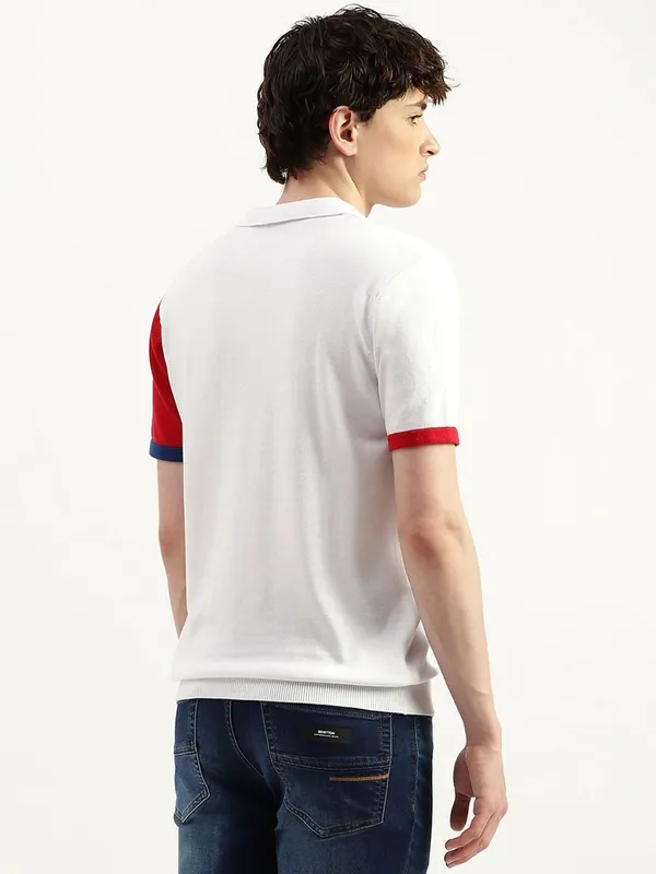 UCB white colorblock cotton slim fit men t-shirt
