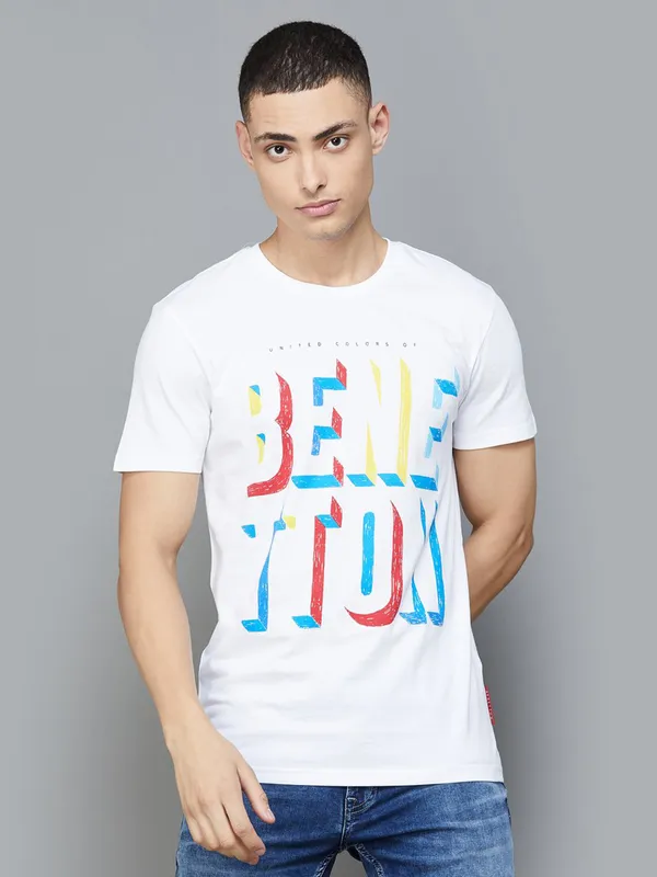 UCB white cotton printed round neck t-shirt