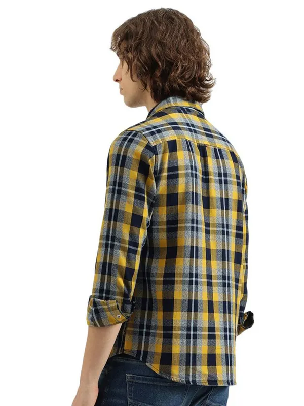 UCB yellow and blue cotton checks shirt for men