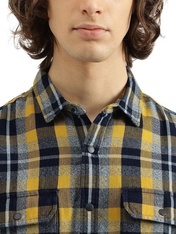 UCB yellow and blue cotton checks shirt for men