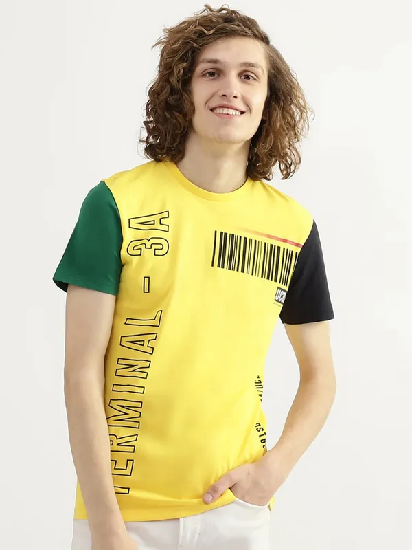 UCB yellow casual printed t shirt in cotton