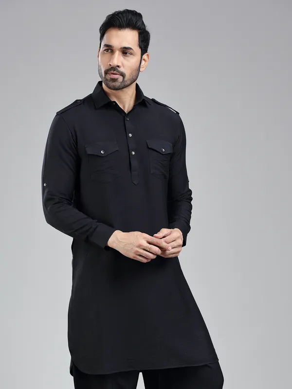 Understated classic black mens pathani kurta