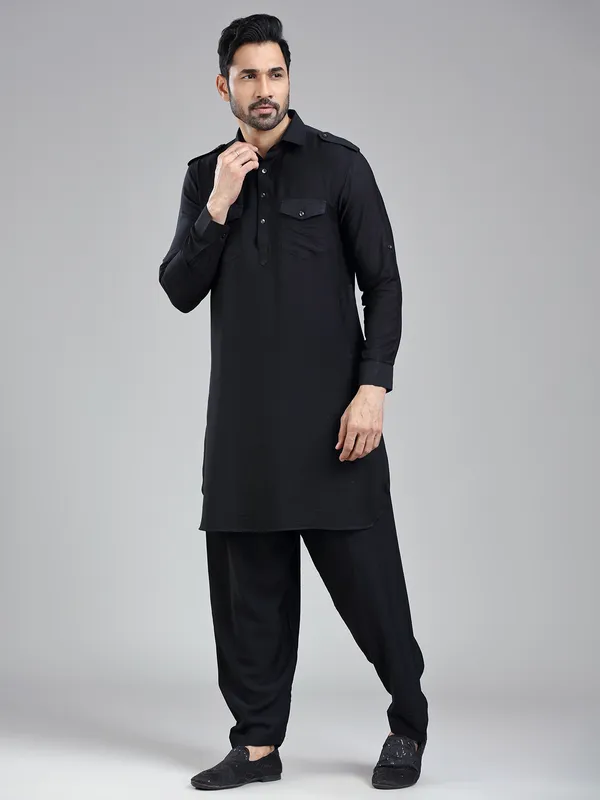 Understated classic black mens pathani with salwar