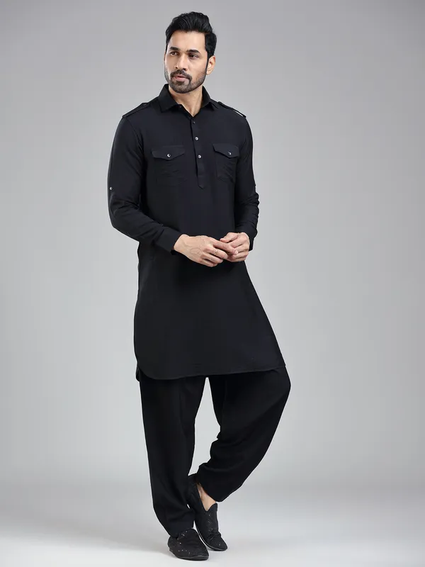 Understated classic black mens pathani with salwar