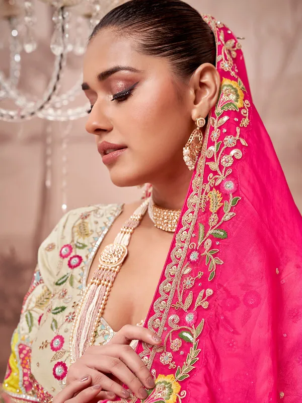 Unique bridal style cream unstitched lehenga choli