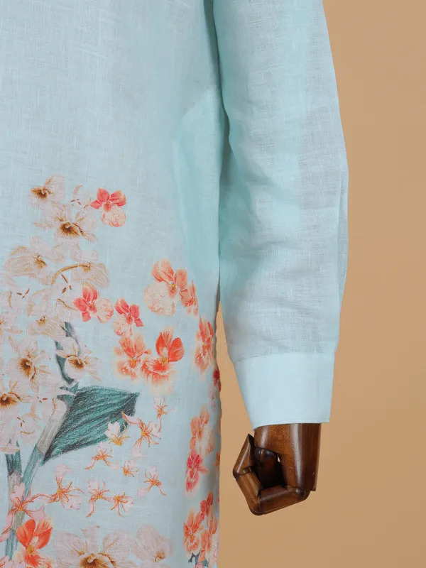 Unique light blue printed cotton kurta set for men
