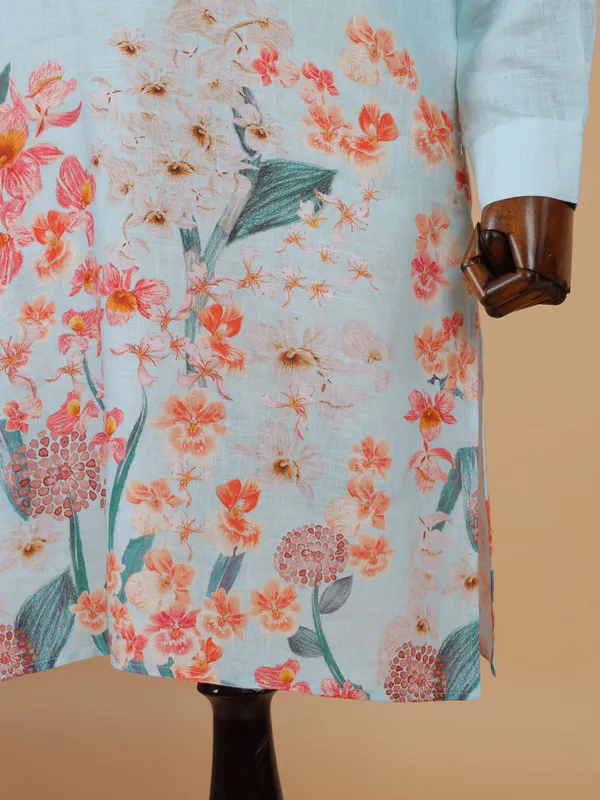 Unique light blue printed cotton kurta set for men