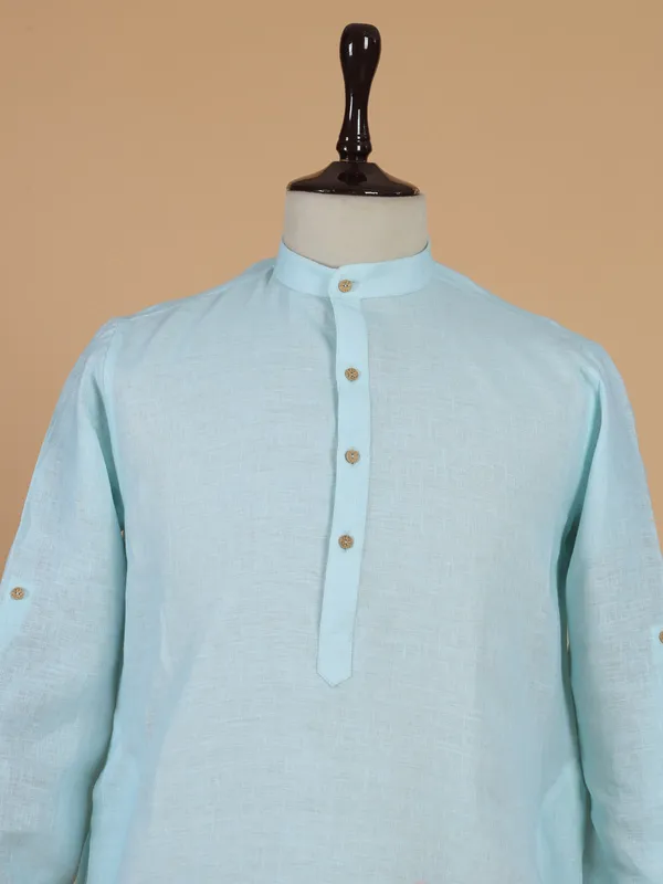 Unique light blue printed cotton kurta set for men