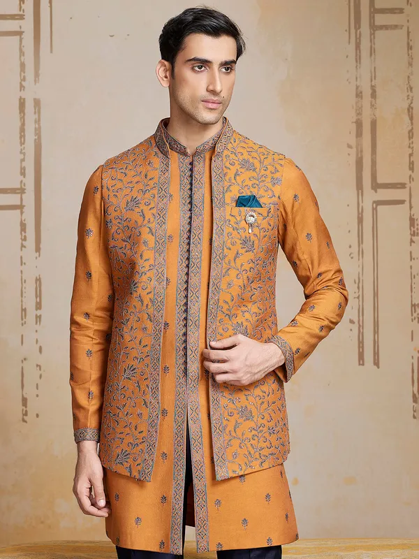 Unique mustard raw silk long waistcoat set for men