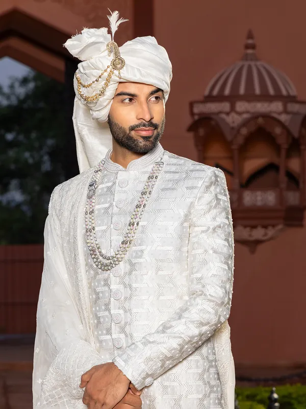 Unique off white raw silk sherwani for groom