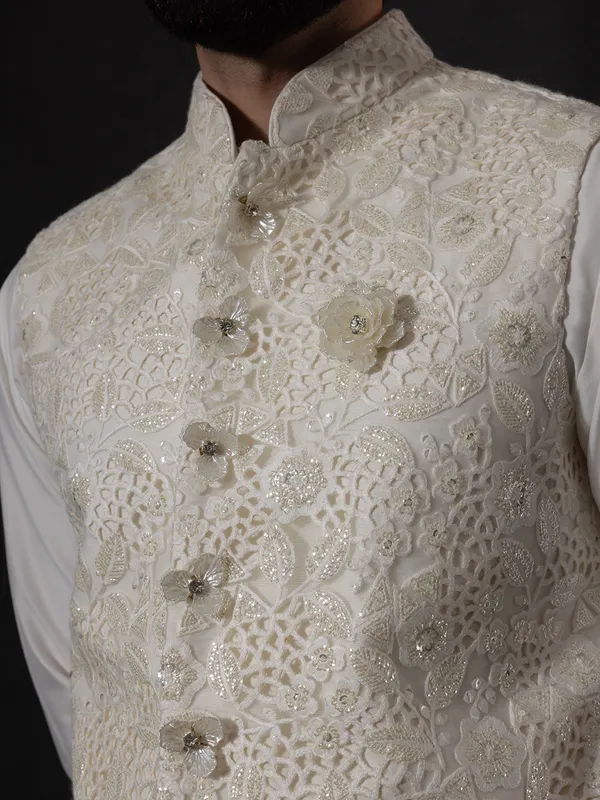 Unique off whiye rayon waistcoat set with cutwork