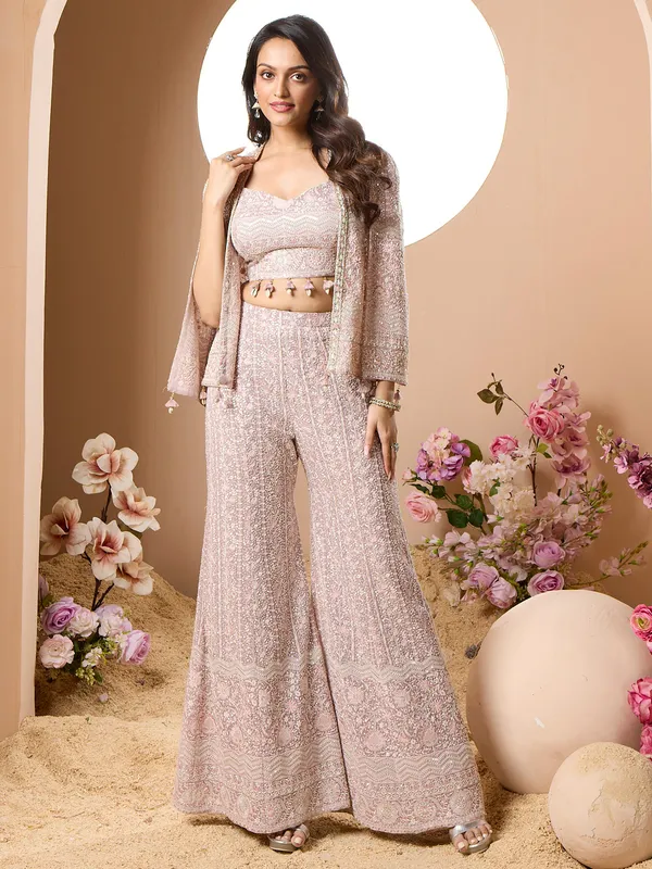 Unique pastel pink jacket style palazzo suit