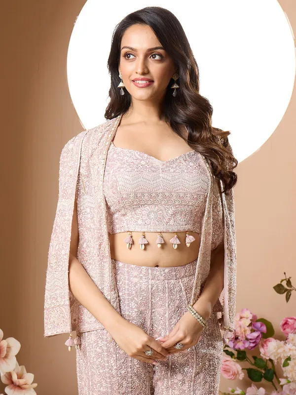 Unique pastel pink jacket style palazzo suit