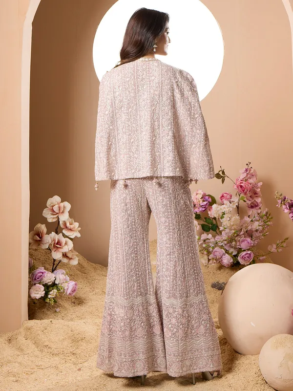 Unique pastel pink jacket style palazzo suit