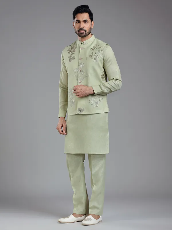 Unique pista green kurta jacket set for men