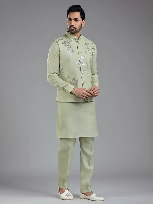 Unique pista green kurta jacket set for men