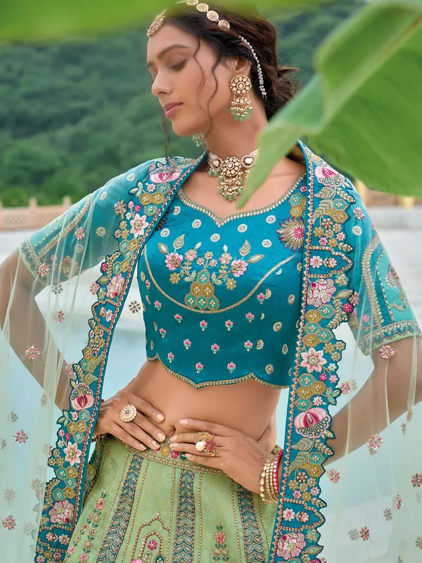 Unique pista green silk lehenga choli