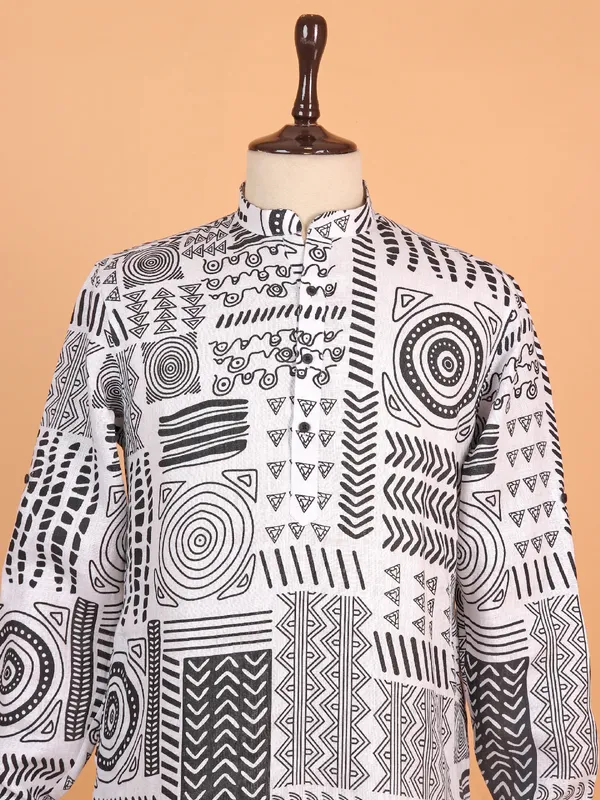 Unique printed white cotton kurta suit for men