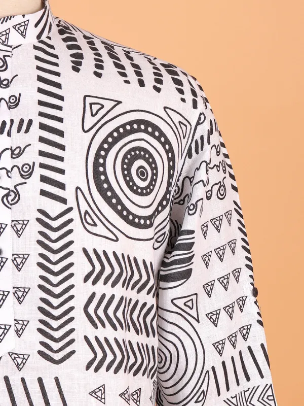 Unique printed white cotton kurta suit for men