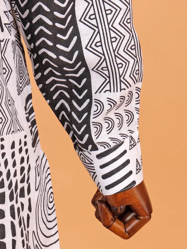 Unique printed white cotton kurta suit for men