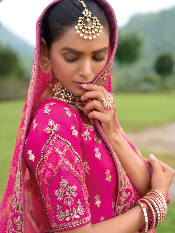 Unique rani color silk unstitched lehenga choli
