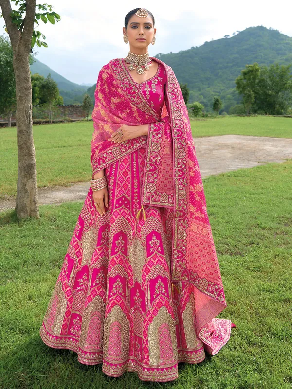 Unique rani color silk unstitched lehenga choli