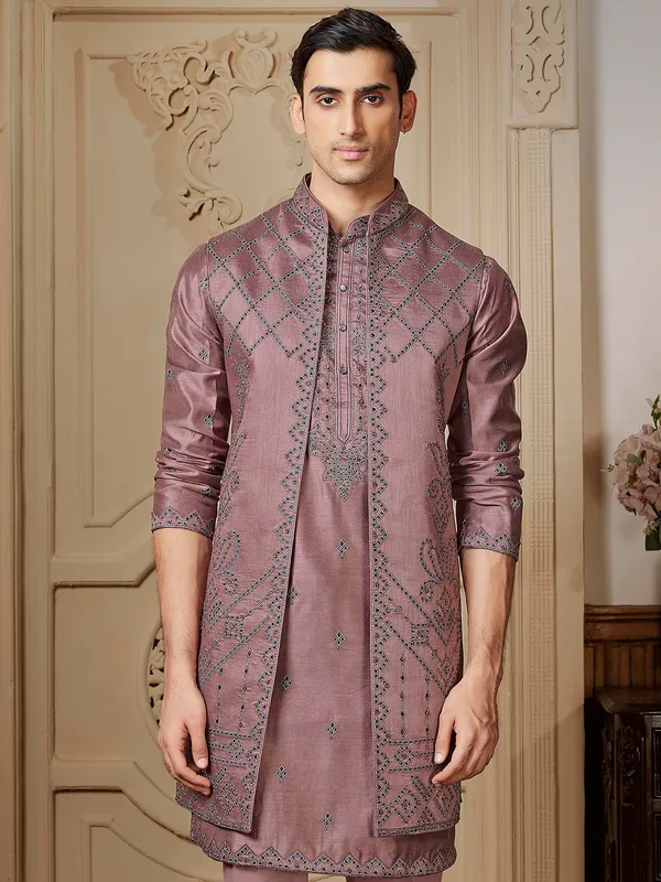 Unique rusted pink raw silk long waistcoat set for men