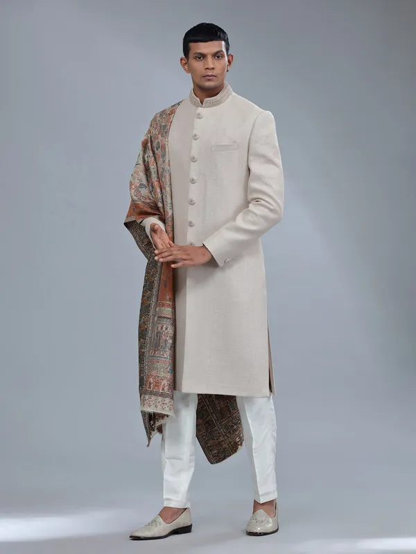 Unique textured terry rayon light brown sherwani
