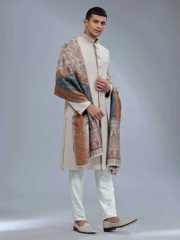 Unique textured terry rayon light brown sherwani