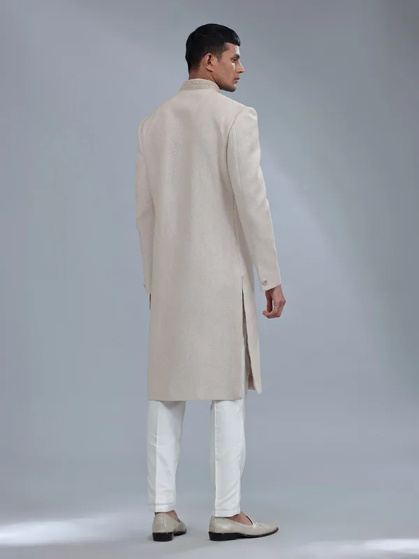 Unique textured terry rayon light brown sherwani