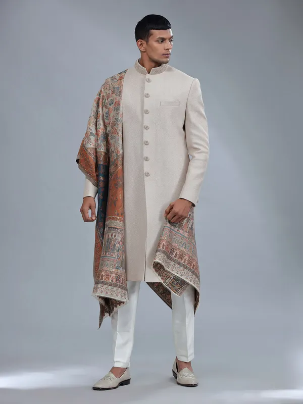Unique textured terry rayon light brown sherwani