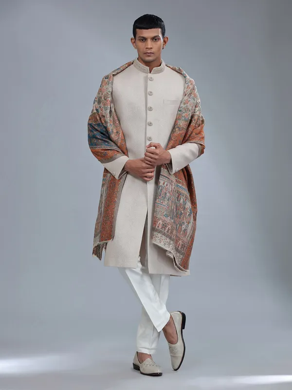 Unique textured terry rayon light brown sherwani