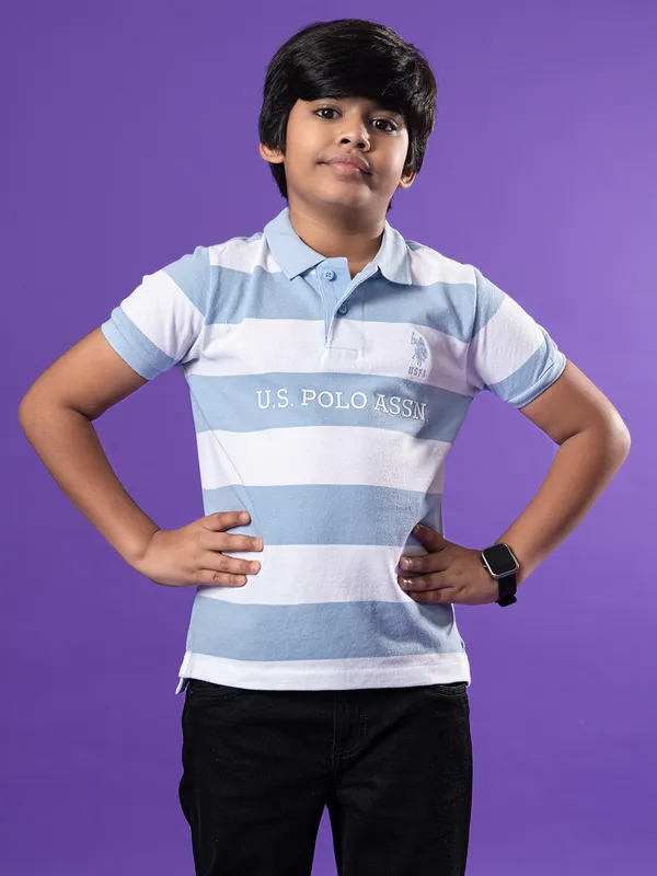 US POLO ASSN white and blue striped polo t-shirt