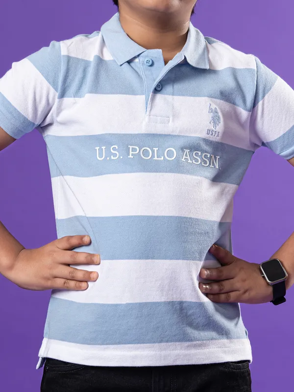 US POLO ASSN white and blue striped polo t-shirt