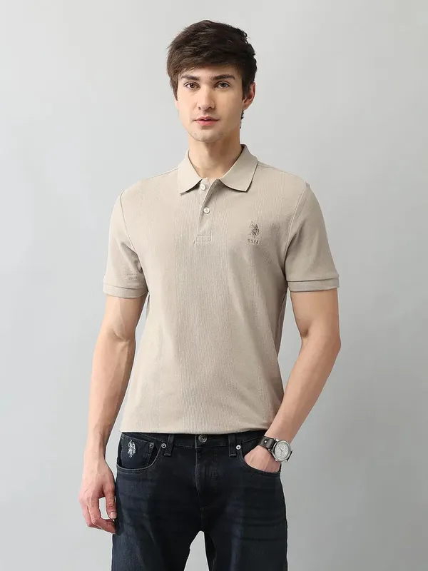 US POLO beige textured mens polo t-shirt